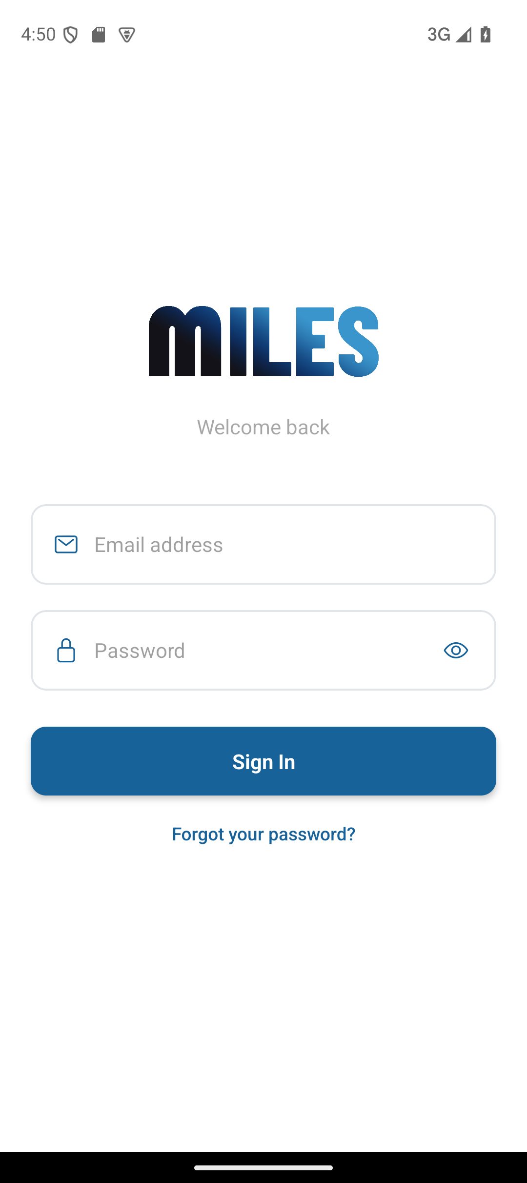 Écran de connexion de l'application Miles CRM