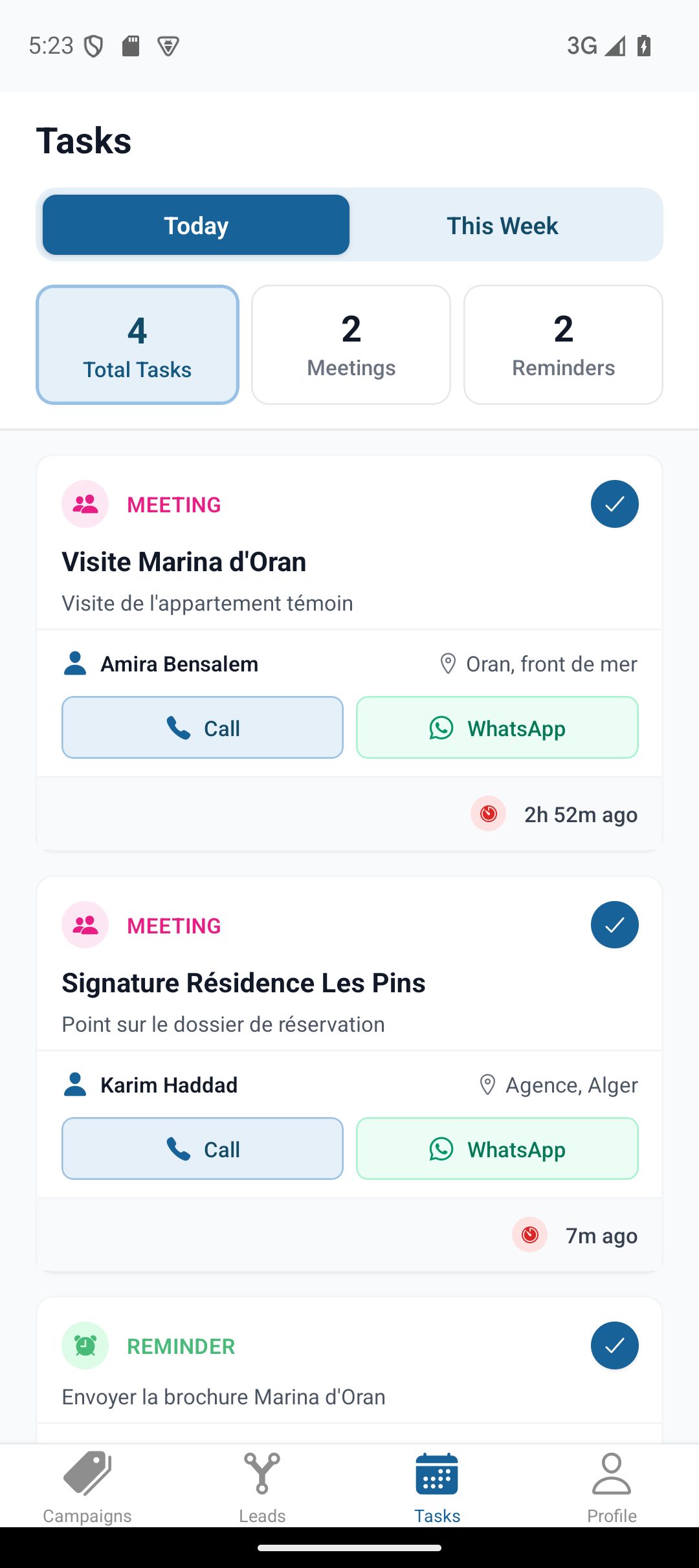 Tâches du jour dans l'application Miles CRM