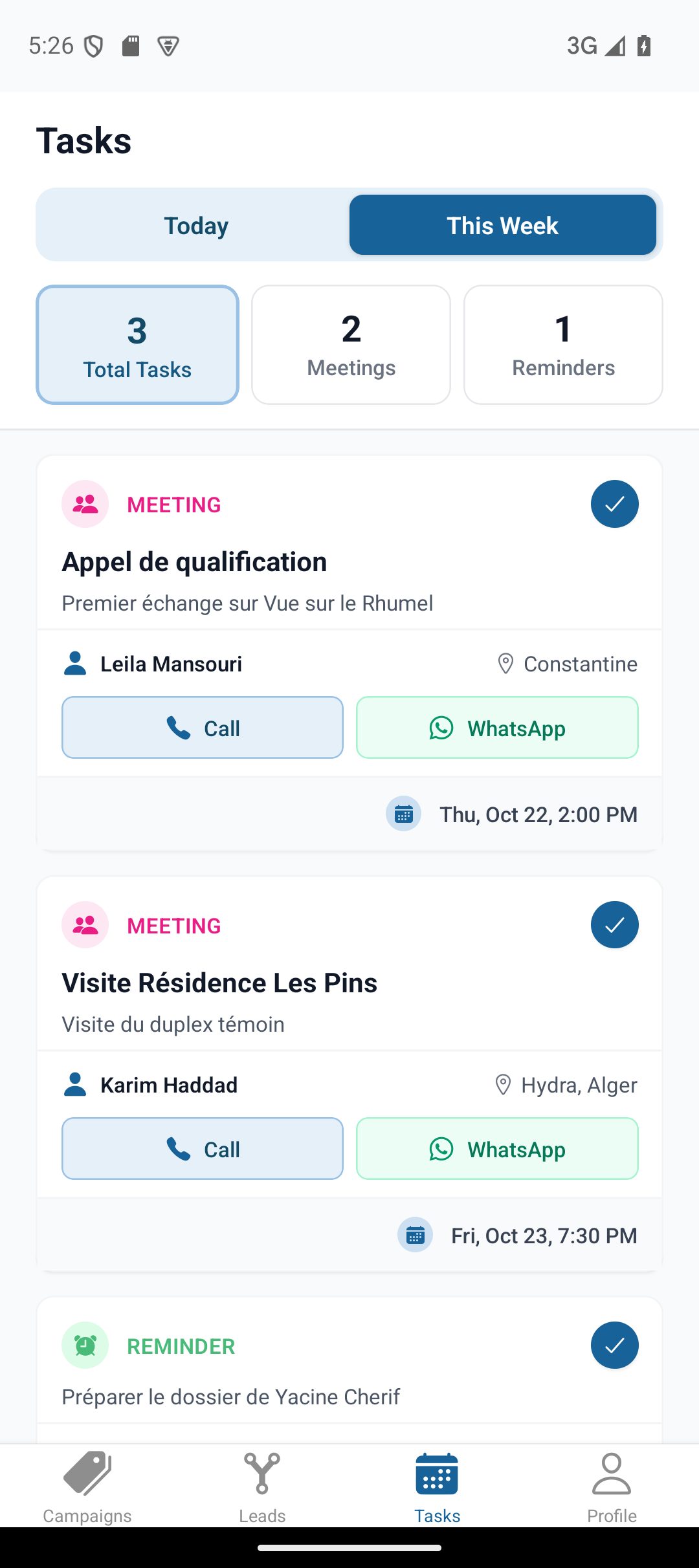Tâches de la semaine dans l'application Miles CRM