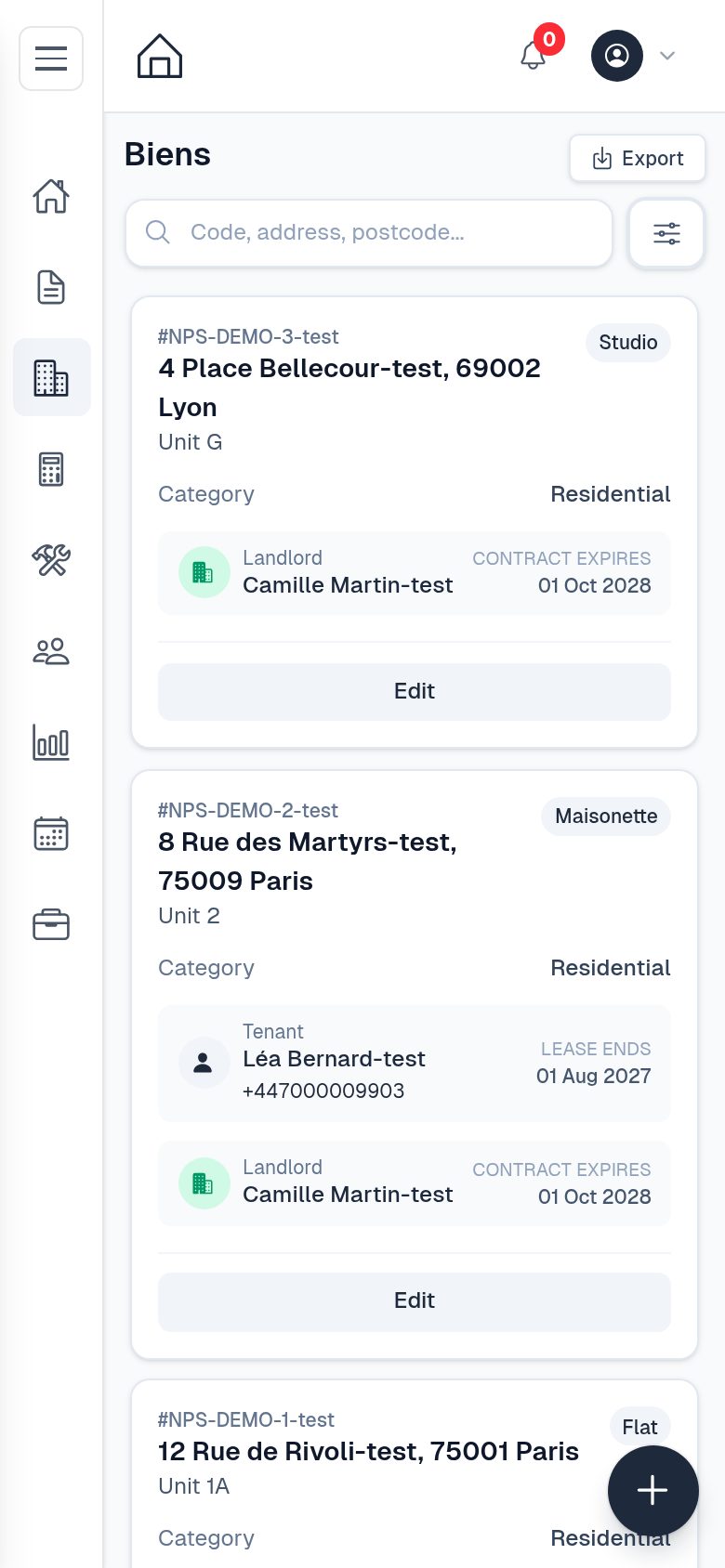 Liste des biens dans l'application mobile