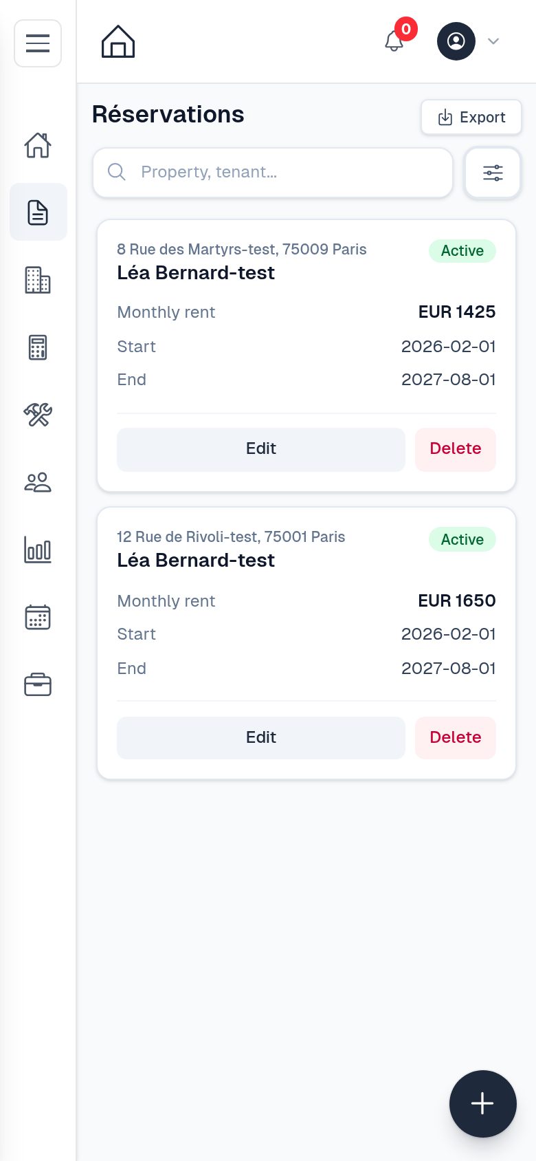 Réservations dans l'application mobile